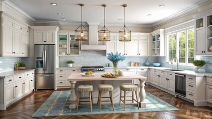 Hamptons style kitchen with beach and ocean inspired designs
