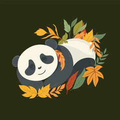Beautiful autumn template with cute sleeping panda in colorful leaves. Vector illustration. Can be used for banner, poster, greeting card, postcard and print.