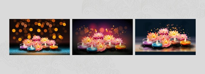 Diwali Celebration Background With Illuminated Flowers Tea Light Candles