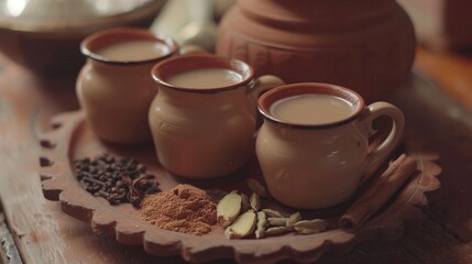 A tempting platter of masala chai, showcasing aromatic Indian spiced tea brewed with black tea leaves,