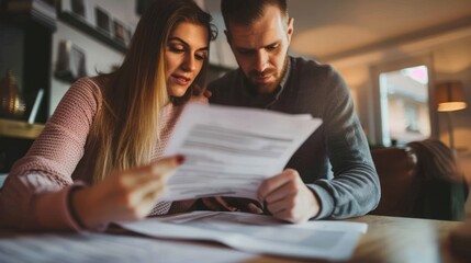 A couple reading through loan documents together at a table.