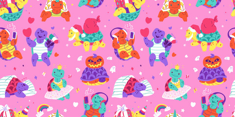 The seamless horizontal pattern featuring cute turtles celebrating different holiday on a pink background - obrazy, fototapety, plakaty