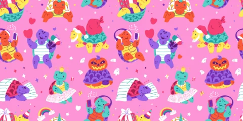 Poster The seamless horizontal pattern featuring cute turtles celebrating different holiday on a pink background © sabelskaya