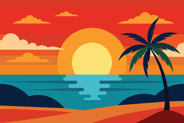 Fototapeta na wymiar Sunset on Summer Beach background Vector Illustration design