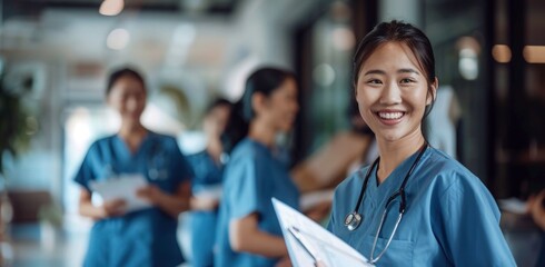 Asian nurse smiling while standing in the hospital hallway with medical team. Blurred background, female student holding clipboard and stethoscope.