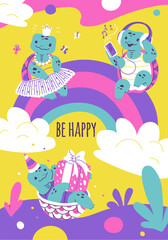 Joyful turtles celebration "Be Happy" vector illustration