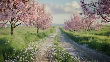 Road with cherry blossom trees. Forest, nature, greenery, berry, seed, garden, path, journey, grass, leaves. Generated by AI