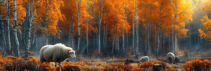 Sheep grazing in the autumn forest ,
flock of sheep to graze on meadow in autumn forest
