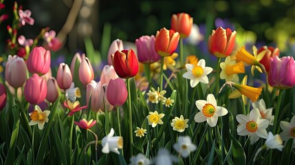Tulips. Flowers, buttercup, spring, March, bouquet, holiday, gift, flowerbed, give, red, yellow, white, garden, field, smell, bud, stems. Generated by AI