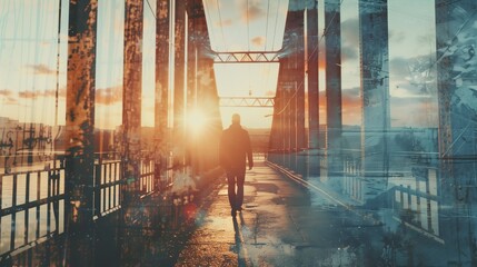 A man is walking across a bridge at sunset