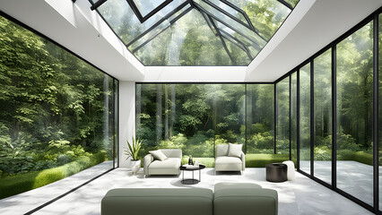 A sunroom composed of glass and steel frames, with trees and green plants outside the window
 - obrazy, fototapety, plakaty