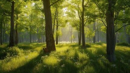 Obraz premium Rays of light in a deep forest. Trees, thicket, taiga, clearing, firewood, edge, pine needles, field, grove, animals, air, berries. Generated by AI
