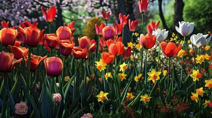 Obraz premium Tulips. Flowers, lilies, date, rose, daffodils, peonies, buttercup, spring, March, bouquet, holiday, gift, flowerbed, give, red, yellow, white, garden, field, smell, bud, stems. Generated by AI