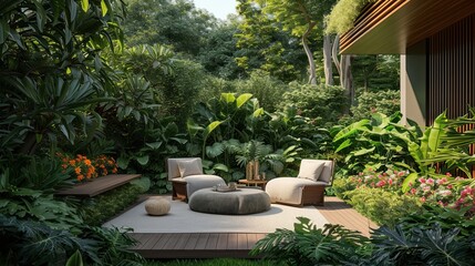 Backyard terrace for relaxation. Vacation, work, resort, nature, summer, vacation, sofa, relaxation, bed, day off, fun, picnic, sun, leisure, weekend. Generated by AI