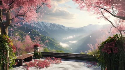 A platform overlooking the mountains under a tree with cherry blossoms. Flower, foliage, tea party, table, smell, garden, beautiful, spring, plant, petals, vegetation. Generated by AI