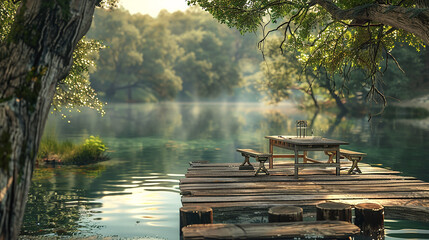 A rustic menu frame on a wooden dock overlooking a tranquil lake.