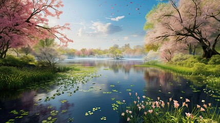 Lake with cherry trees. Smell, sea, expanse, reeds, rest, hope, swimming, house, cherry, blossom, fruit, seed, petal. Generated by AI