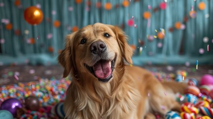 cheerful Golden Retriever reveling in a candy-filled celebration, capturing the dog's wagging tail and friendly disposition - obrazy, fototapety, plakaty
