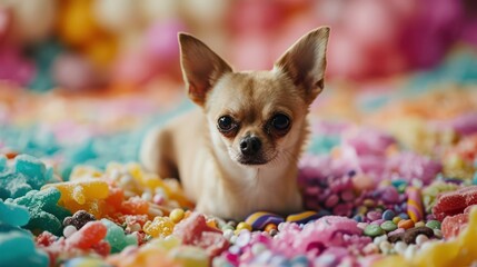 Chihuahua immersed in a candy wonderland, showcasing the dog's tiny and spirited presence