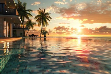 Luxurious Beachfront Resort Hotel with Infinity Pool at Golden Hour - 3D Illustration - obrazy, fototapety, plakaty