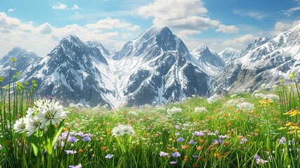A field against the backdrop of snow-covered mountains. Top, skis, avalanche, air, climber, gorge, ridge, flowers, greenery, grass, nature, meadow. Generated by AI