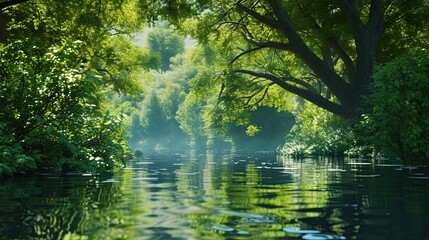 Fototapeta premium Swamp. Swamp, bog, frog, mud, reeds, peat, forest, mud, green, water, stench, lake, silt, water lily, moss, dampness, slush, whirlpool. Generated by AI