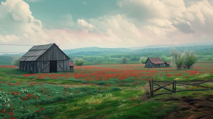 Wooden village and field. Cow, vegetable hut, farm, summer, forest, dirt, hay, nature, fence, meadow, well, air, grass, peasants. Generated by AI