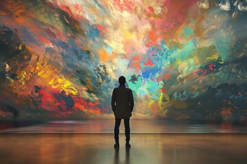 Man gazing at abstract heavenly painting in art gallery, spiritual faith concept, digital illustration - obrazy, fototapety, plakaty
