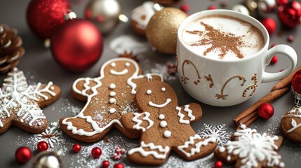 Christmas-themed still life with gingerbread cookies, ornaments, and a cup of hot cocoa, forming a delightful and heartwarming composition