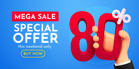 80 percent Off Sale. Hand holding discount percentage. Special offer.