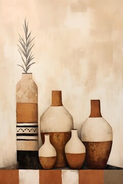 Still life Bohemian painting with vase and bottle of oil and leaves, earth tones, brown and beige