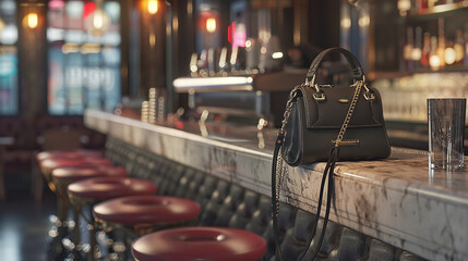 A chic handbag perched on a bar stool in a trendy urban caf?(C). - obrazy, fototapety, plakaty
