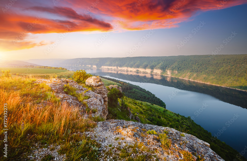 Aufkleber the view from the top of the great dniester river that flows through the hilly area.