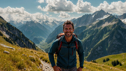 Uomo sorride felice mentre cammina durante un trekking estivo in montagna su un sentiero delle Alpi - obrazy, fototapety, plakaty