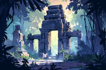 Mysterious ancient stone temple ruins in dense jungle forest, lost civilization concept illustration - obrazy, fototapety, plakaty