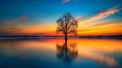 Picturesque view of leafless lonely tree growing and reflecting in calm lake at sundown time. - obrazy, fototapety, plakaty