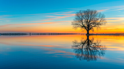 Picturesque view of leafless lonely tree growing and reflecting in tranquil lake at sunset time. - obrazy, fototapety, plakaty