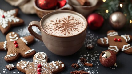 Fototapeta na wymiar Christmas-themed still life with gingerbread cookies, ornaments, and a cup of hot cocoa, forming a delightful and heartwarming composition