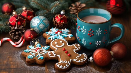 Obraz na płótnie Canvas Christmas-themed still life with gingerbread cookies, ornaments, and a cup of hot cocoa, forming a delightful and heartwarming composition