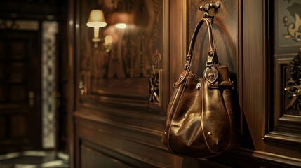 A fashionable handbag hanging from a coat hook in an elegant foyer.