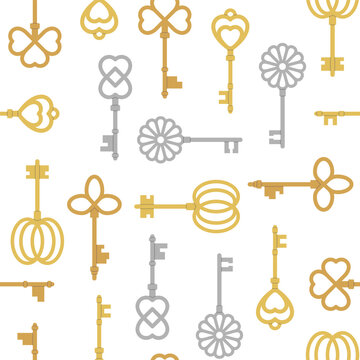 Seamless pattern with antique keys on a white background. Vector illustration