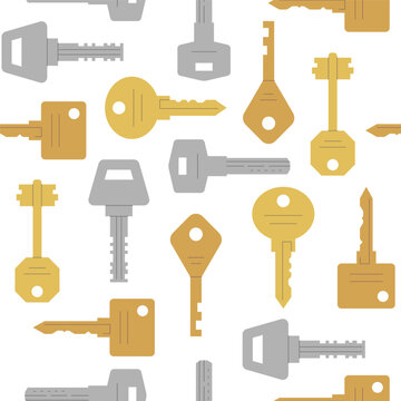 Seamless pattern with a gold and silver keys on a white background. Vector illustration