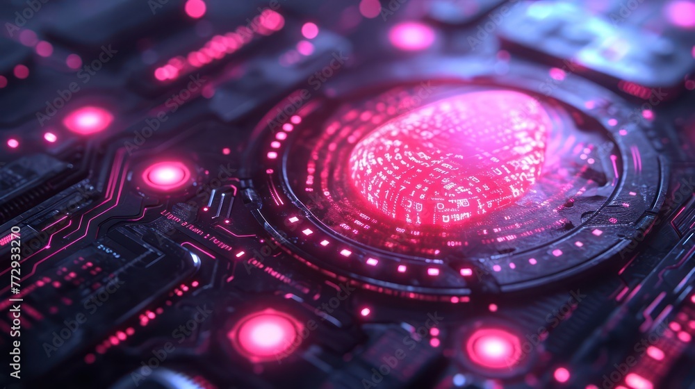 Poster conceptual image of a cyber shield, integrating elements of biometric security, encryption, and futu