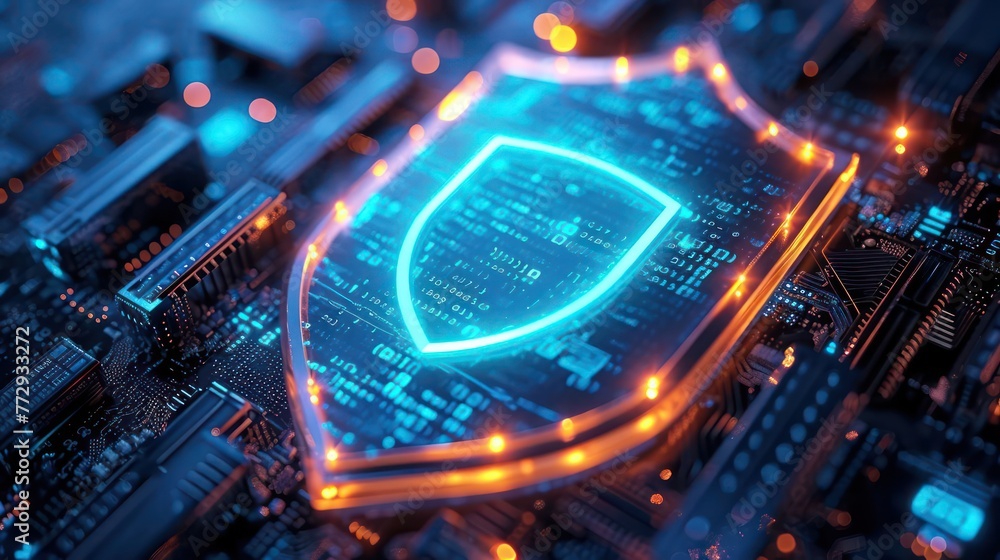 Poster conceptual image of a cyber shield, integrating elements of biometric security, encryption, and futu
