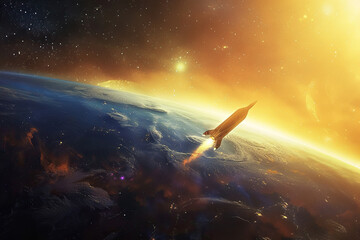 Obraz na płótnie Canvas Generative ai on theme of beautiful space rocket in sky, bright meteorites glow in atmosphere