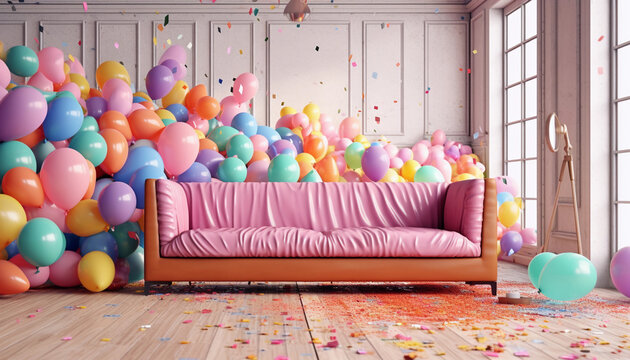 A party decoration living its colorful balloons and a pink sofa