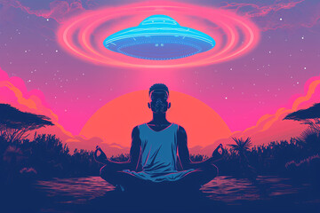 a man meditating in front of a ufo