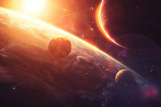 Generative ai on theme of parade of planets in solar system, bright stars glow in atmosphere