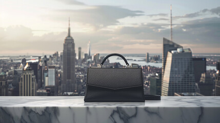 A sleek handbag positioned on a marble ledge against a cityscape backdrop. - obrazy, fototapety, plakaty