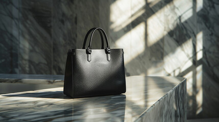 A sleek leather handbag resting on a marble countertop in soft lighting.
